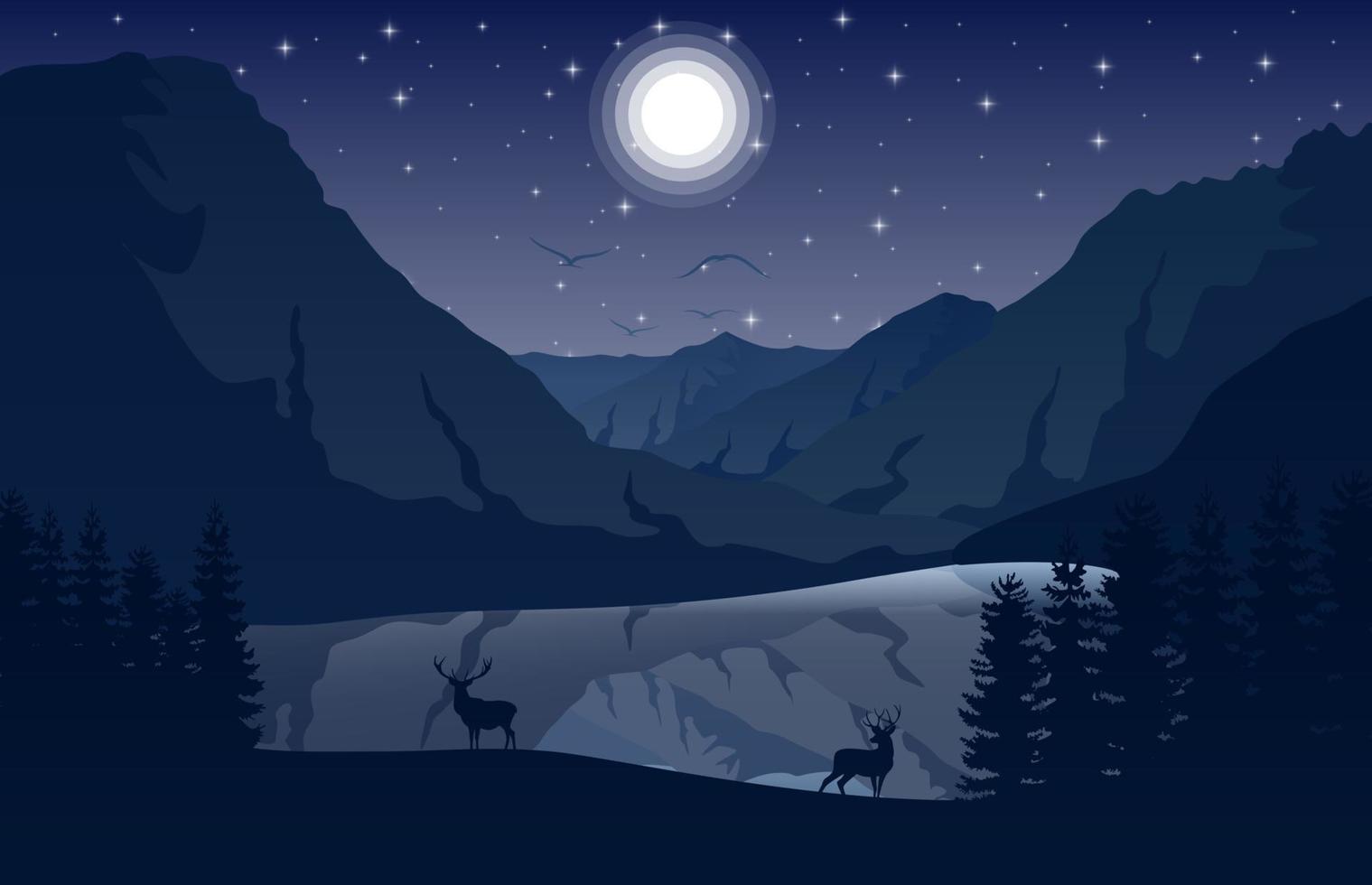 paysage de montagne avec cerf et forêt la nuit vecteur