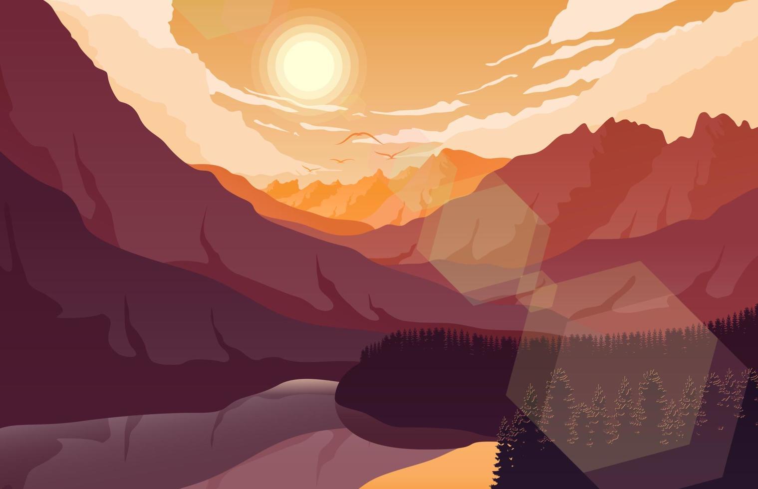 paysage de montagne avec cerf et forêt au coucher du soleil vecteur