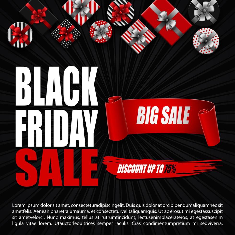 illustration vectorielle de bannière de vente vendredi noir avec différentes boîtes cadeaux et ruban noir vecteur