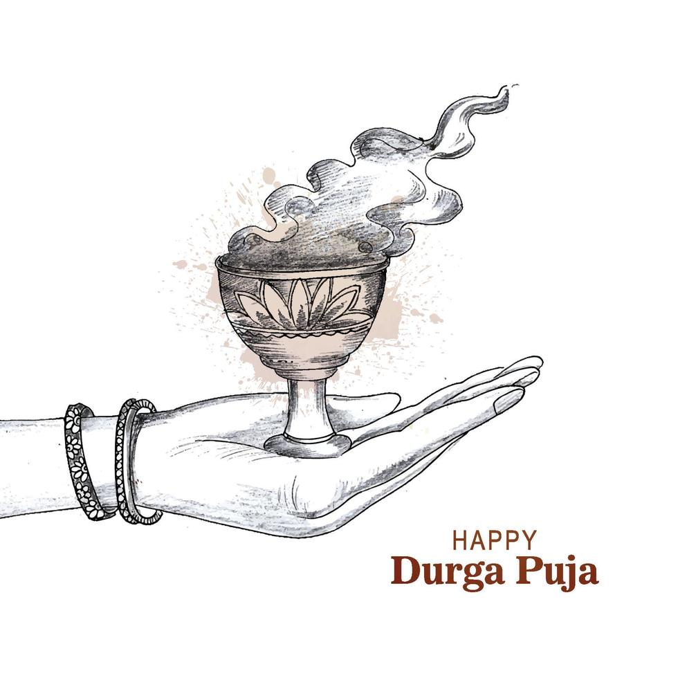 main tenant durga puja dhunuchi avec croquis de fumée fond de festival de puja indien vecteur