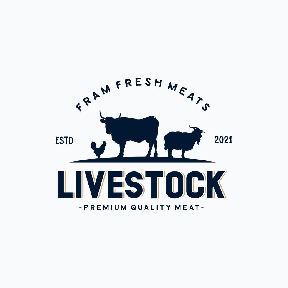 logo vintage de bétail avec vache, poulet et chèvre vecteur