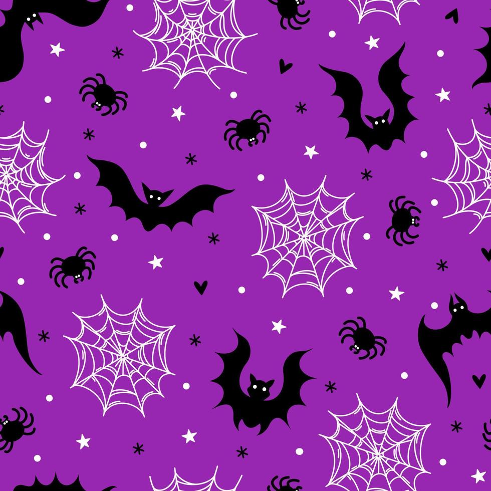 chauves-souris dans le modèle vectoriel continu du ciel nocturne. symboles d'halloween - vampires, toile d'araignée, insectes. silhouettes effrayantes isolées sur fond violet. illustration pour papier peint de vacances, textile, emballage