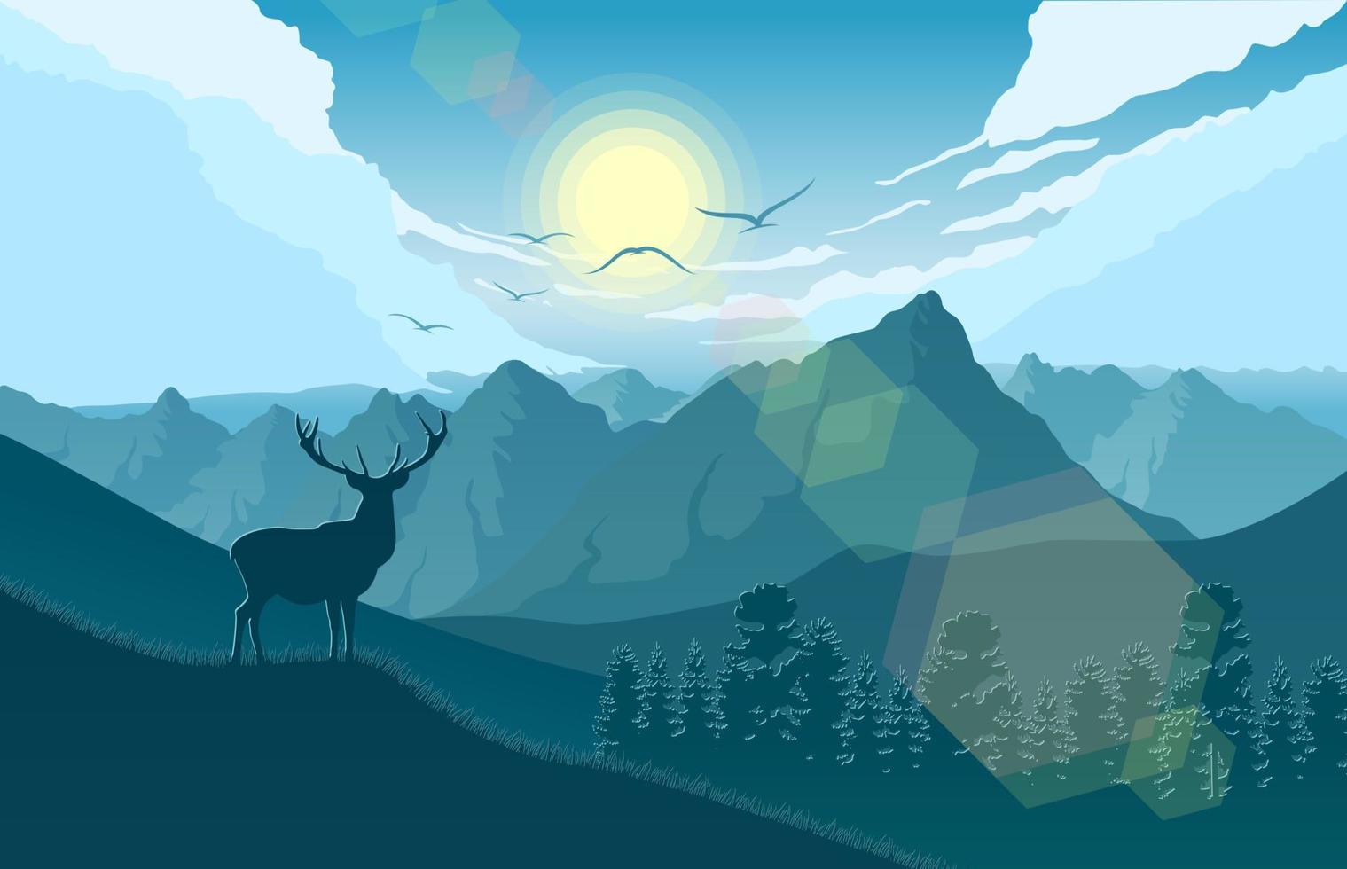illustration vectorielle de paysage de montagne avec cerf et forêt le matin vecteur