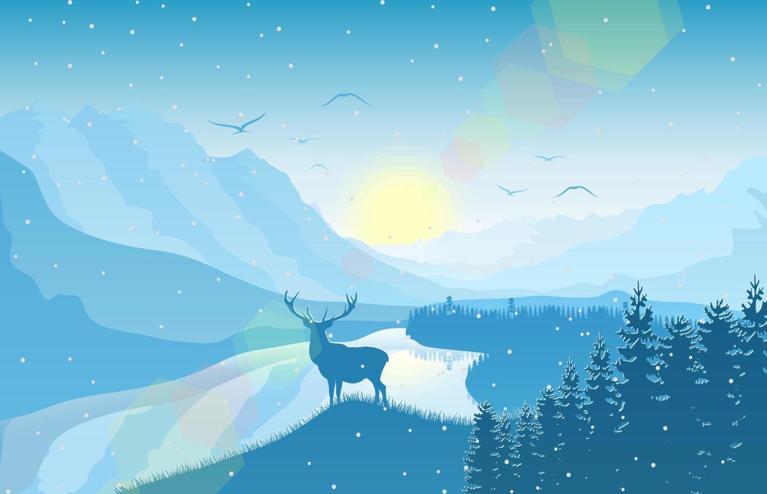 paysage de montagne d'hiver avec des cerfs et des forêts à la neige qui tombe vecteur