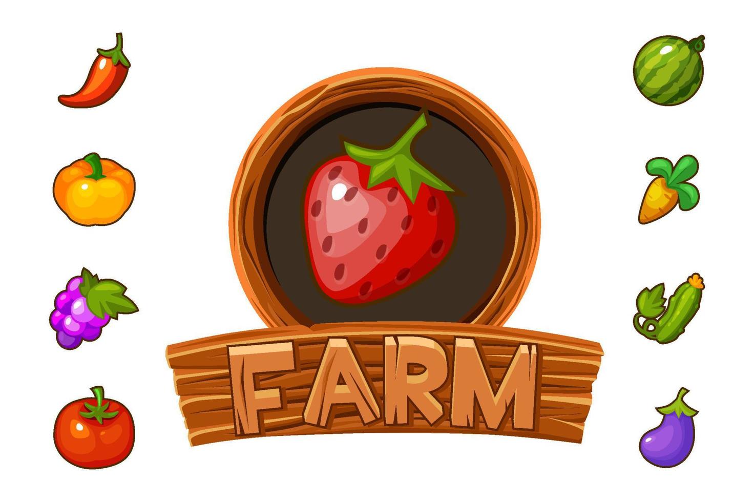 ferme de logo en bois avec des fraises pour l'interface graphique du jeu. illustration vectorielle de bannière avec fruits et légumes pour le jeu. vecteur