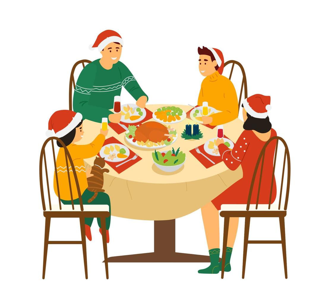 dîner de noël en famille à la maison. famille en chapeaux de père noël assis autour de la table avec de la nourriture de noël. illustration vectorielle. isolé sur blanc. vecteur