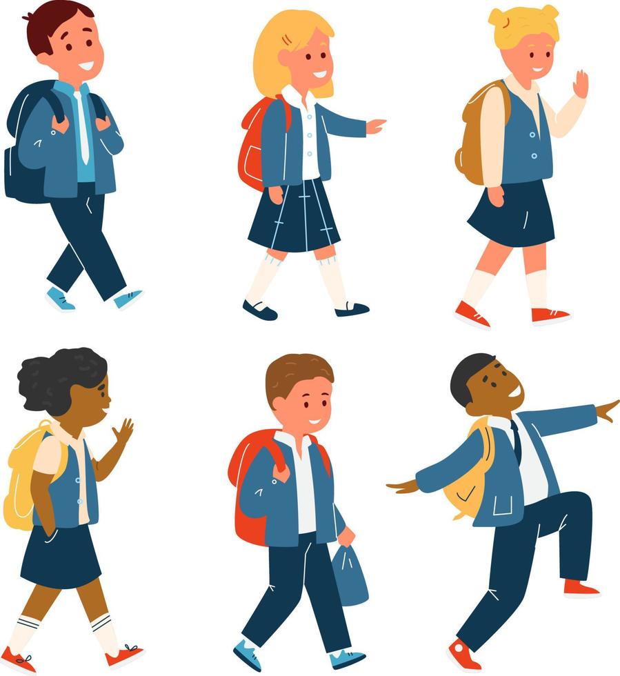 ensemble d'images vectorielles d'élèves de race différente en uniforme avec sacs d'école marchant. retour à l'école des enfants. illustration plate. vecteur