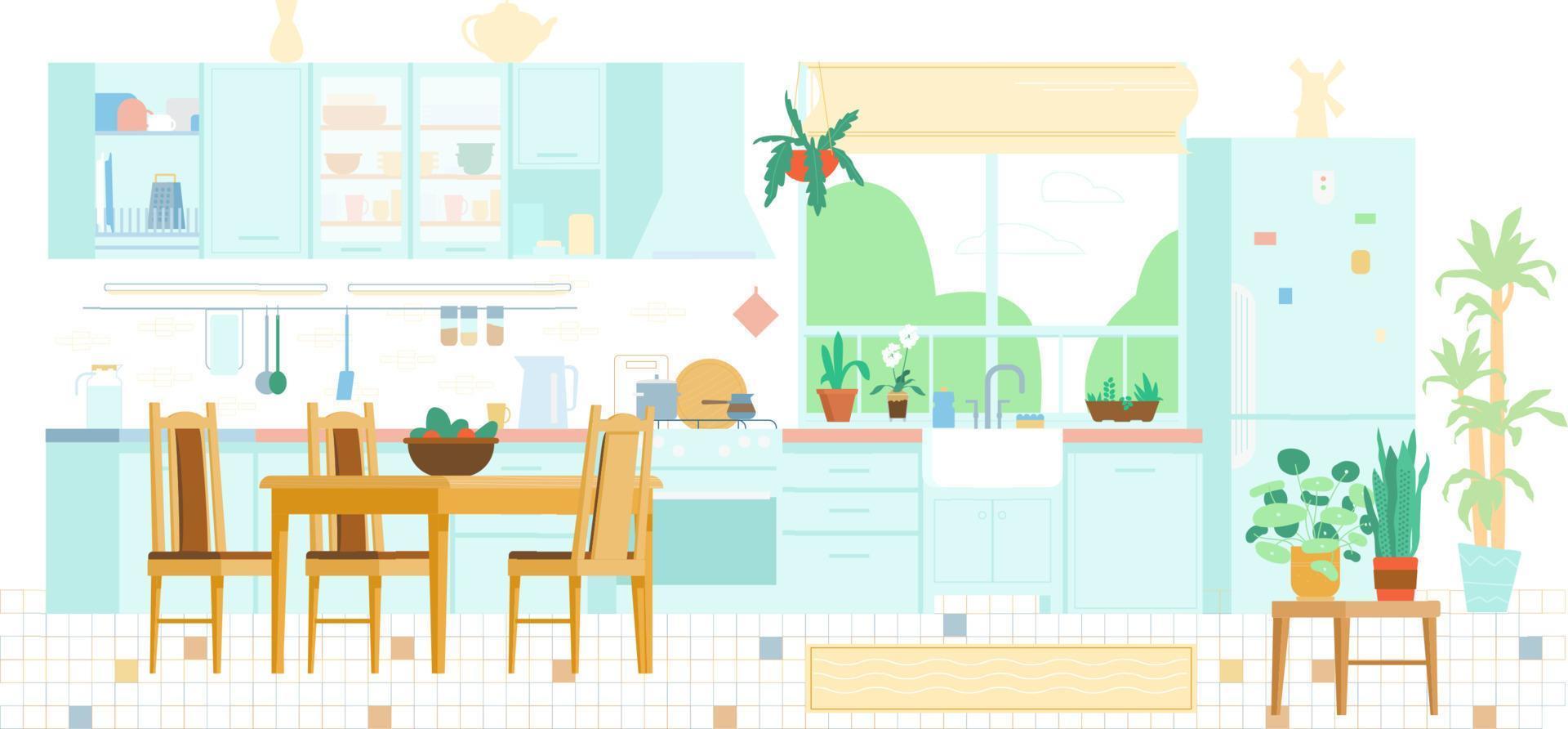 illustration vectorielle plane de fond intérieur de cuisine. meuble en bois, table avec chaises, fenêtre, plantes, cuisinière, ustensiles, réfrigérateur, étagères, évier, égouttoir à assiettes. vecteur
