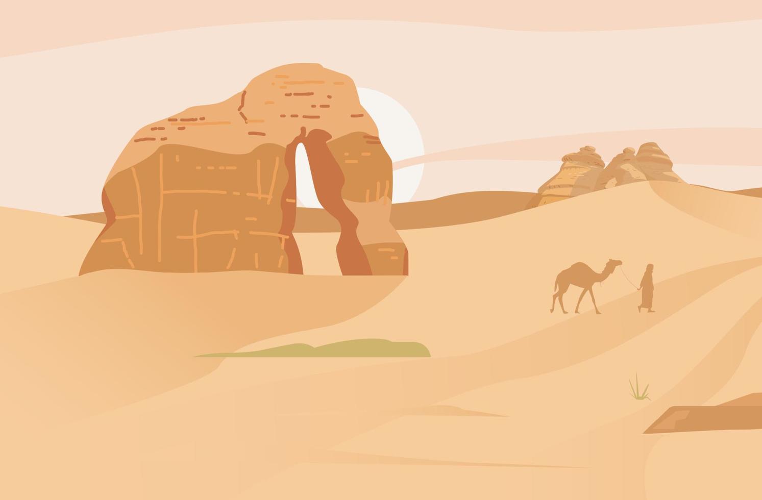 paysage désertique d'arabie saoudite avec rocher d'éléphant. hégra ancien village. rochers de sable. illustration vectorielle plane. vecteur