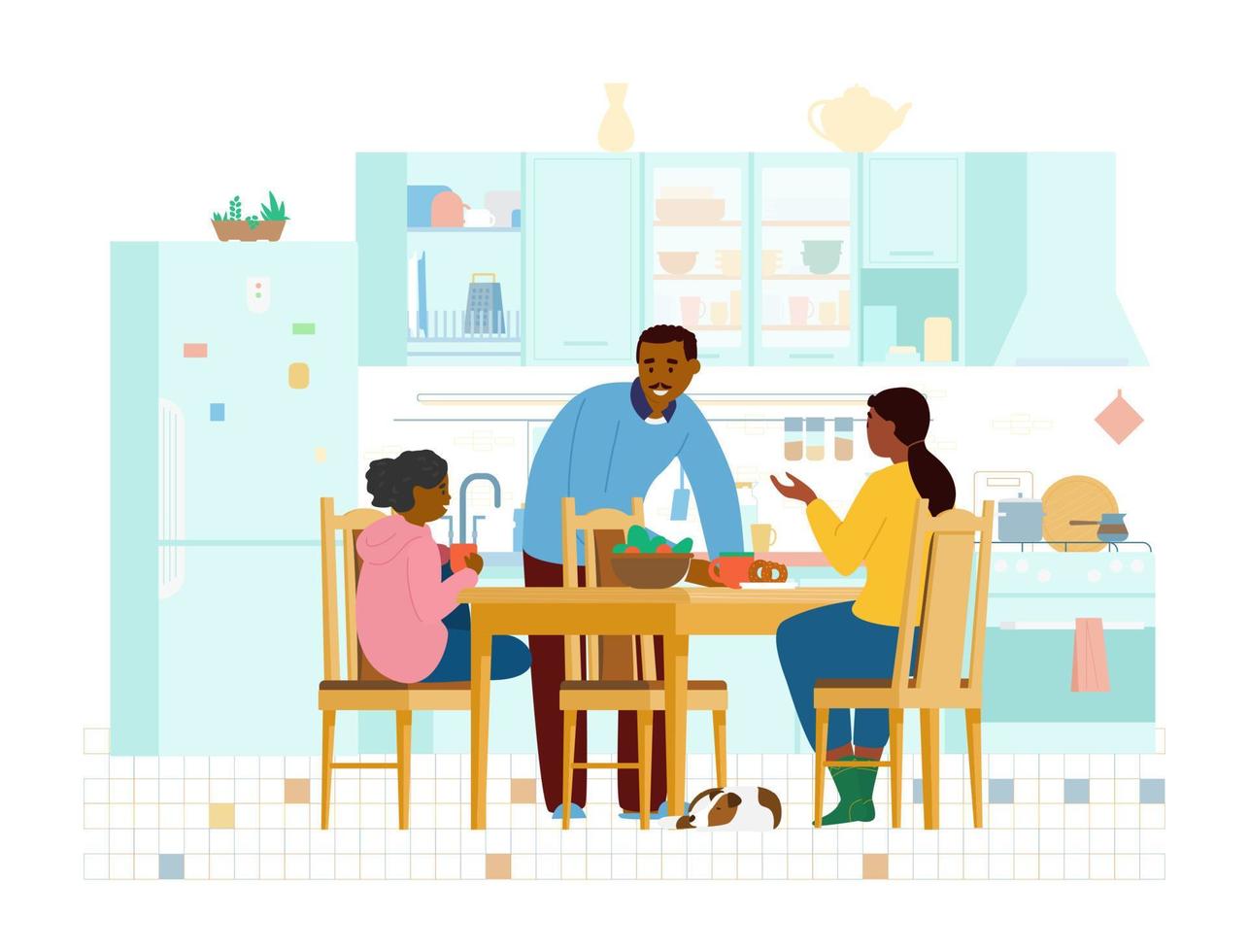 famille afro-américaine passant du temps ensemble dans la cuisine. intérieur de cuisine parlant et riant avec meubles en bois, réfrigérateur, table avec chaises. illustration vectorielle plane. vecteur