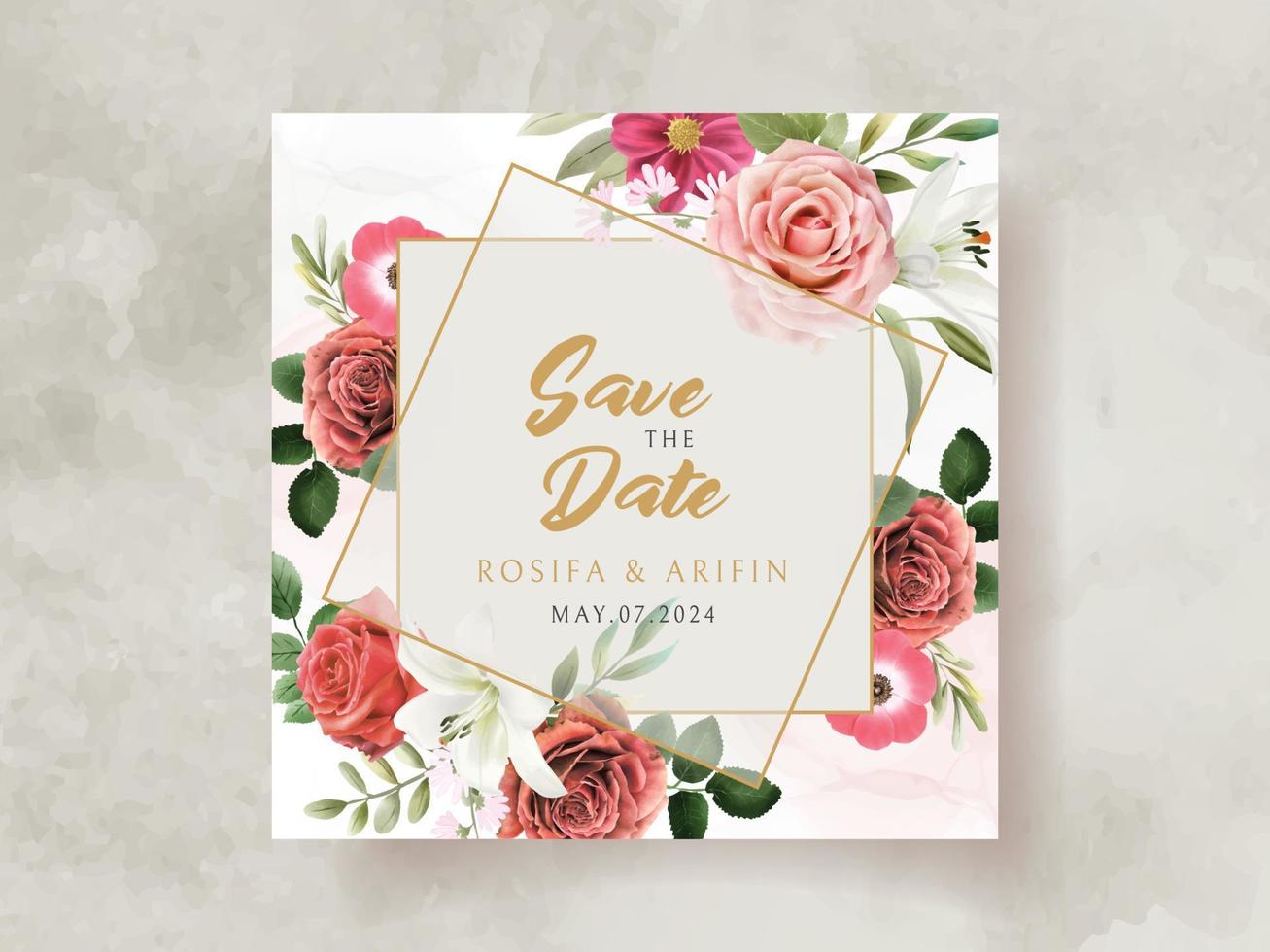 carte d'invitation de mariage avec illustration d'aquarelle de lys et de roses vecteur