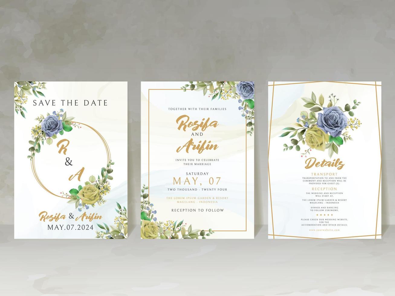 carte d'invitation de mariage élégante avec des fleurs bleues et jaunes vecteur