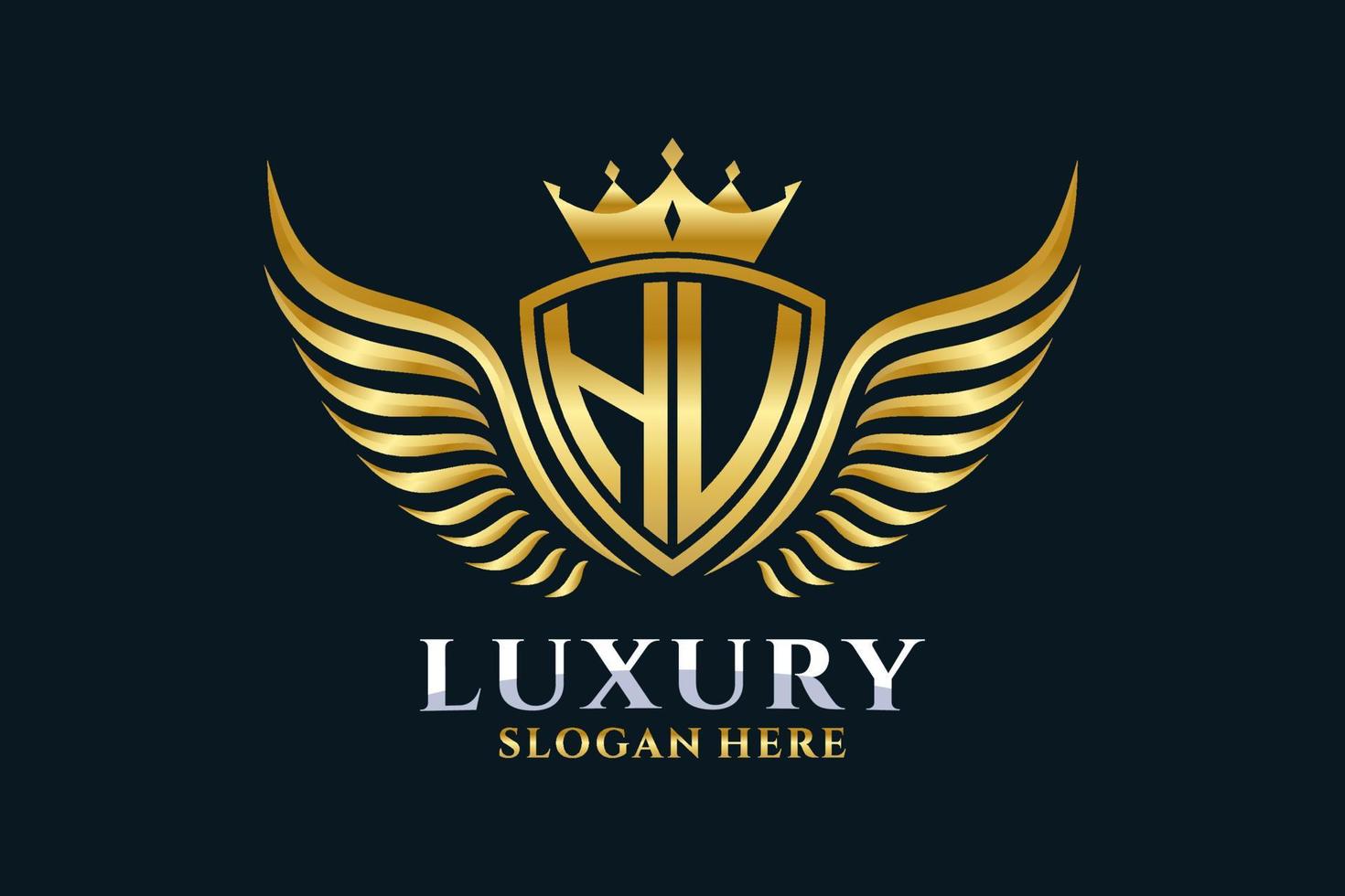 lettre d'aile royale de luxe hu crête or couleur logo vecteur, logo de victoire, logo de crête, logo d'aile, modèle de logo vectoriel. vecteur