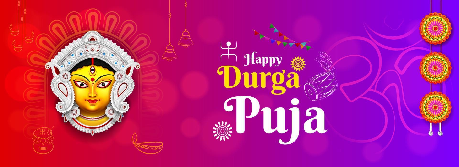 illustration de la déesse durga face happy durga puja navratri cover banner design vecteur