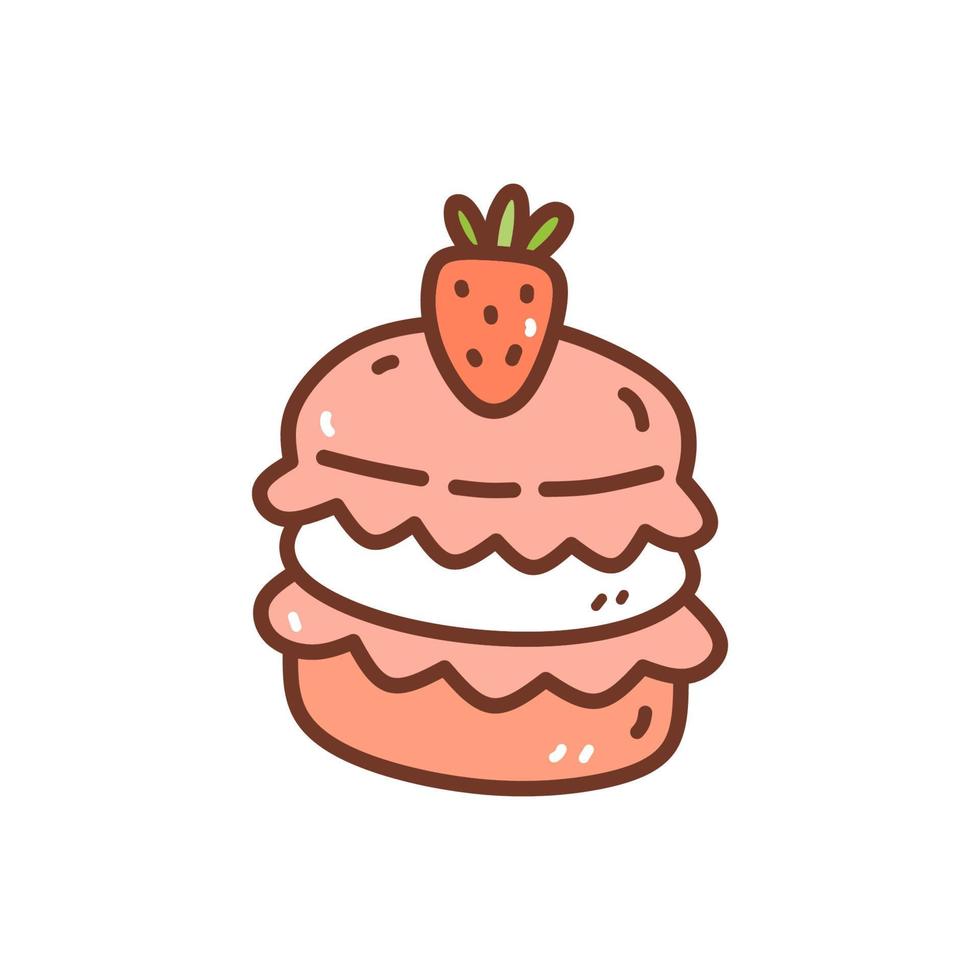 macaron aux fraises isolé sur fond blanc. joli dessert décoré de baies. illustration vectorielle dessinée à la main dans un style doodle. parfait pour divers designs, cartes, décorations, logo, menu. vecteur