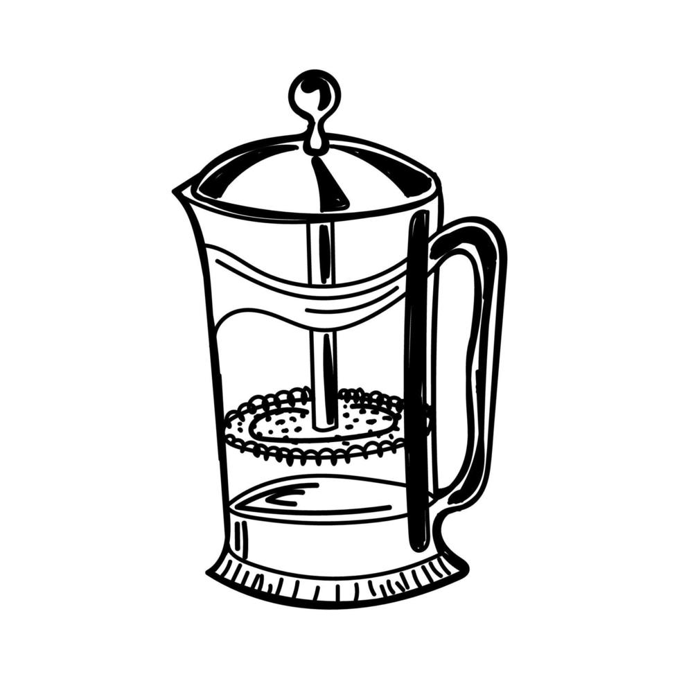 une icône dessinée à la main d'une théière avec un piston. une façon de préparer du thé et du café. presse française. illustration vectorielle isolé sur fond blanc vecteur