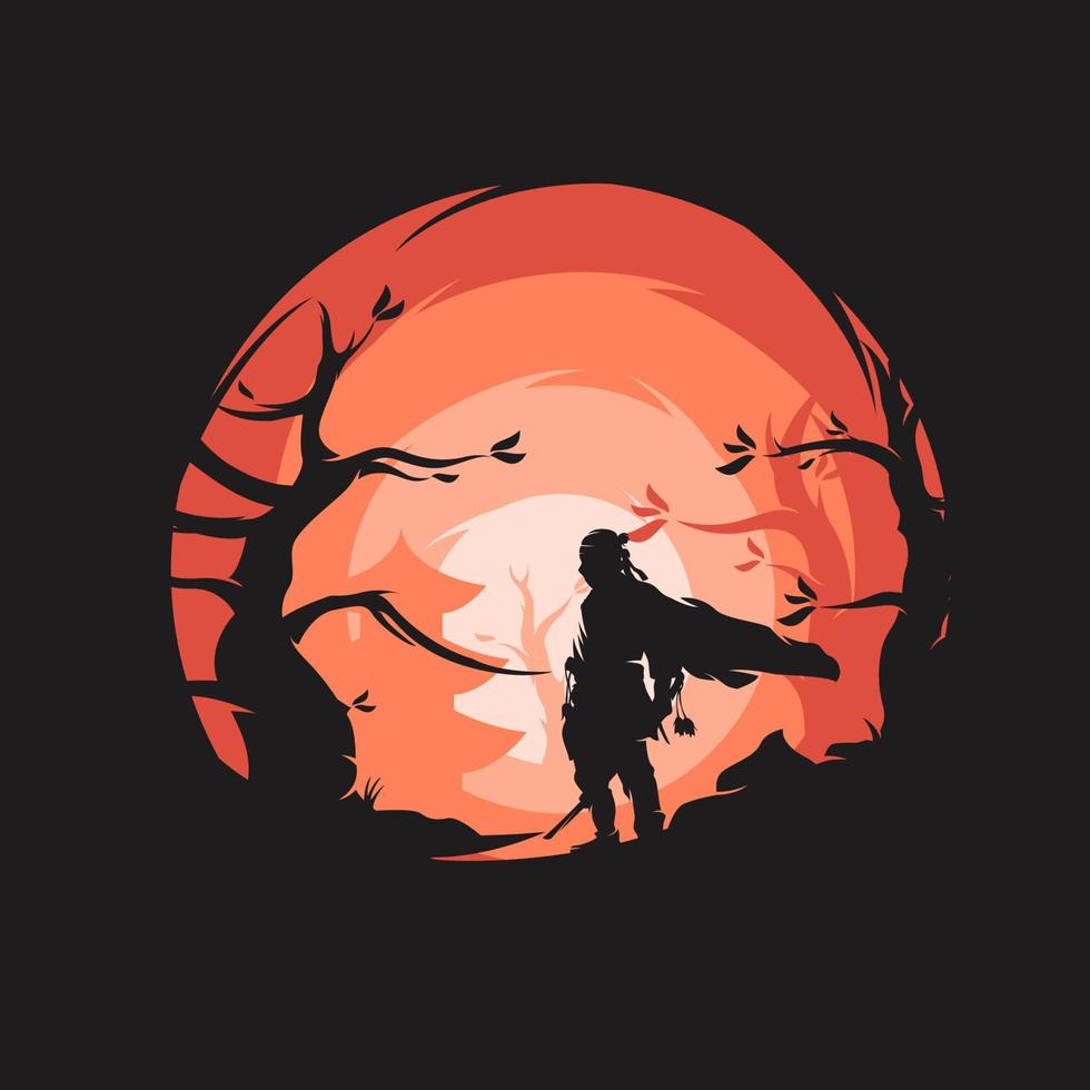 un ninja japon sur le logo du coucher du soleil vecteur