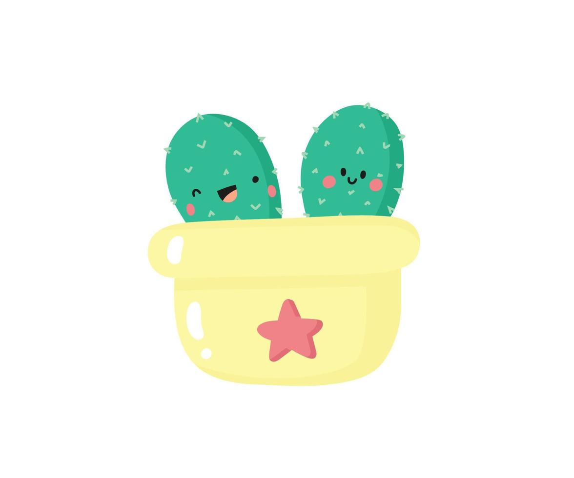 cactus de dessin animé mignon avec visage kawaii. plante d'intérieur dessinée à la main, personnage de cactus pour la conception d'enfants. illustration vectorielle plane. vecteur