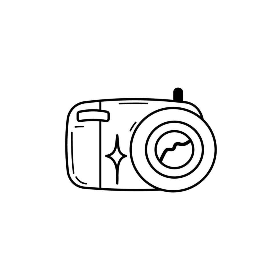 appareil photo noir et blanc dessiné à la main. dispositif de dessin animé pour photographier, élément décoratif. illustration vectorielle plane dans un style doodle. vecteur