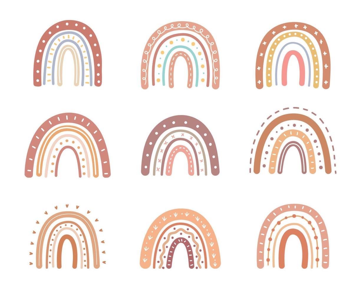 arc-en-ciel bohème. Éléments décoratifs de carte de voeux bébé arc-en-ciel pastel dessinés à la main vecteur