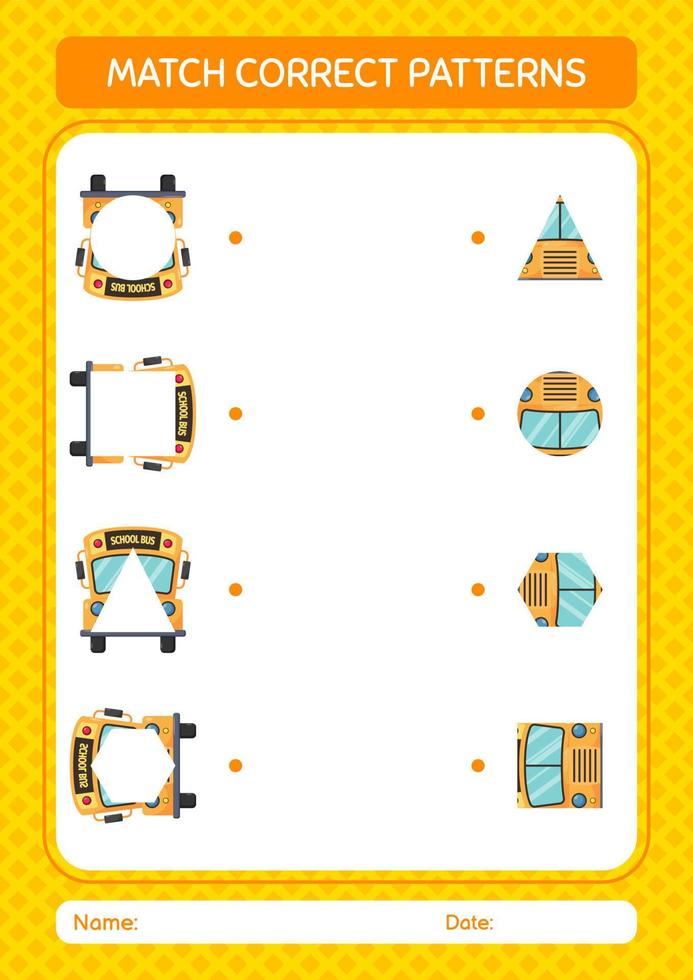 jeu de modèle de correspondance avec le bus scolaire. feuille de travail pour les enfants d'âge préscolaire, feuille d'activité pour enfants vecteur