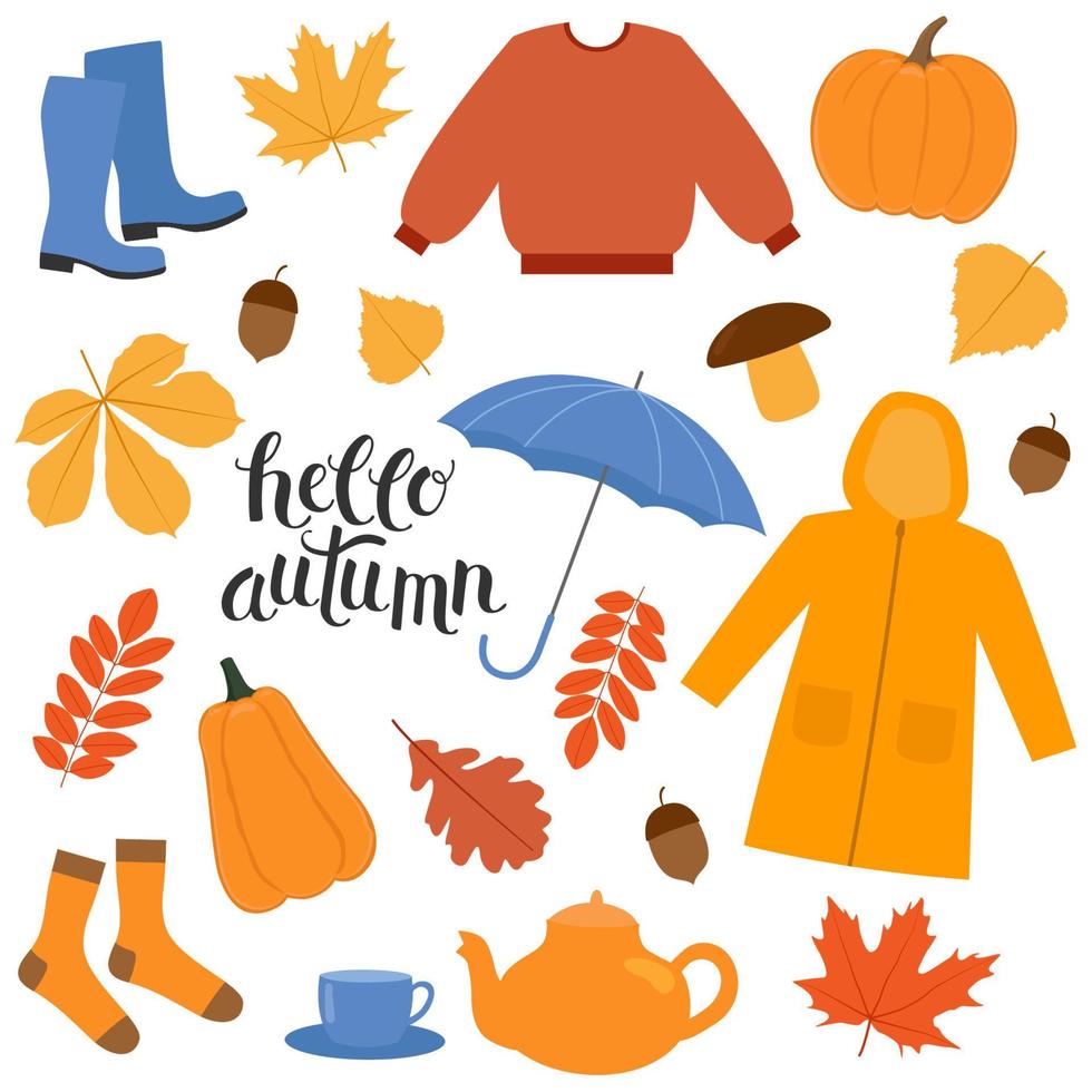 jeu d'icônes d'automne. imperméable, pull, feuilles qui tombent, parapluie, citrouilles, théière, tasse de thé... éléments de la saison d'automne. illustration vectorielle isolée vecteur