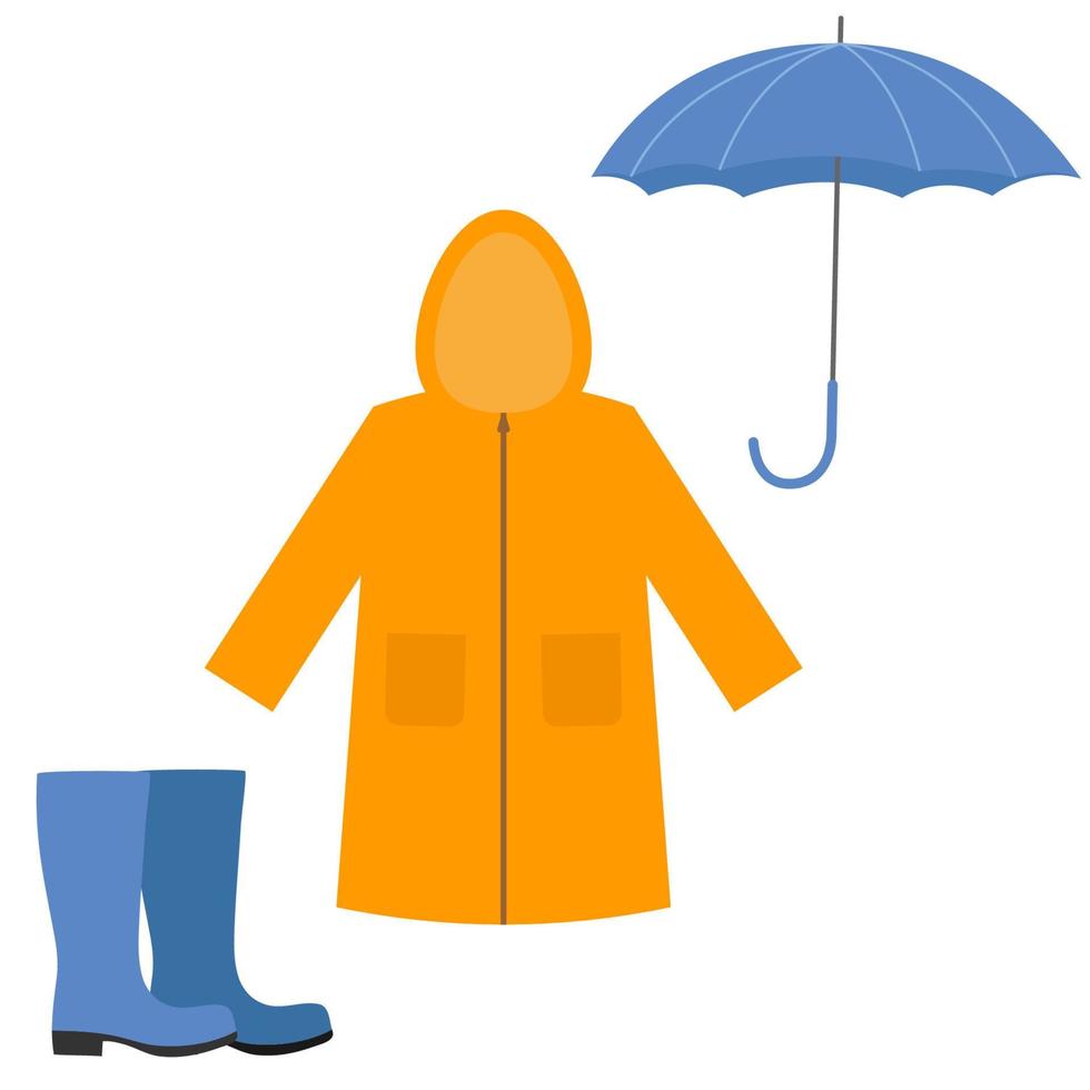 imperméable, bottes en caoutchouc, parapluie ouvert. ensemble d'éléments de vêtements d'automne ou de printemps pour le temps pluvieux. conception de style plat. illustration vectorielle isolée. vecteur