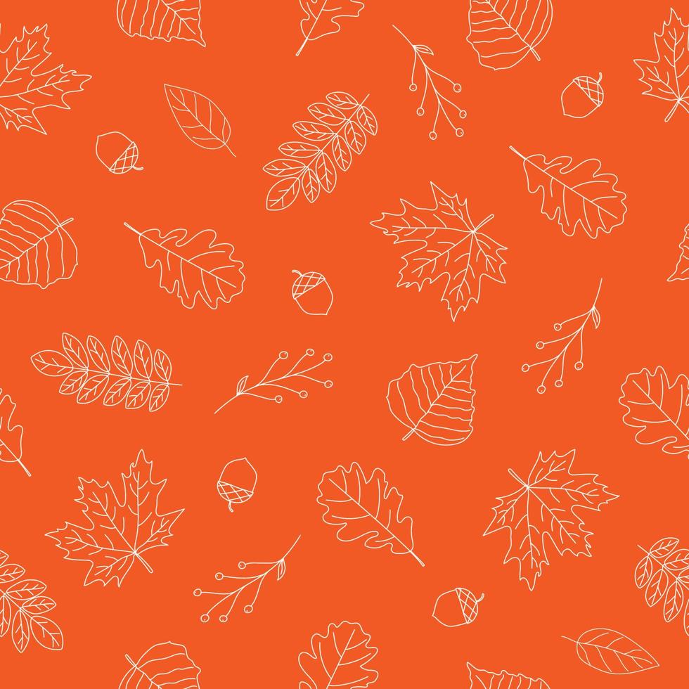 modèle sans couture de feuilles d'automne blanches sur fond orange. conception d'art en ligne. style de griffonnage. arrière-plan pour la conception de la nature, de l'éco et de l'automne. vecteur