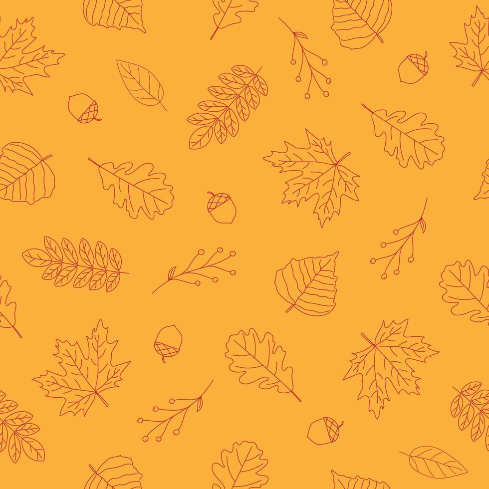 modèle sans couture de feuilles d'automne rouges sur fond jaune. conception d'art en ligne. style de griffonnage. arrière-plan pour la conception de la nature, de l'éco et de l'automne vecteur