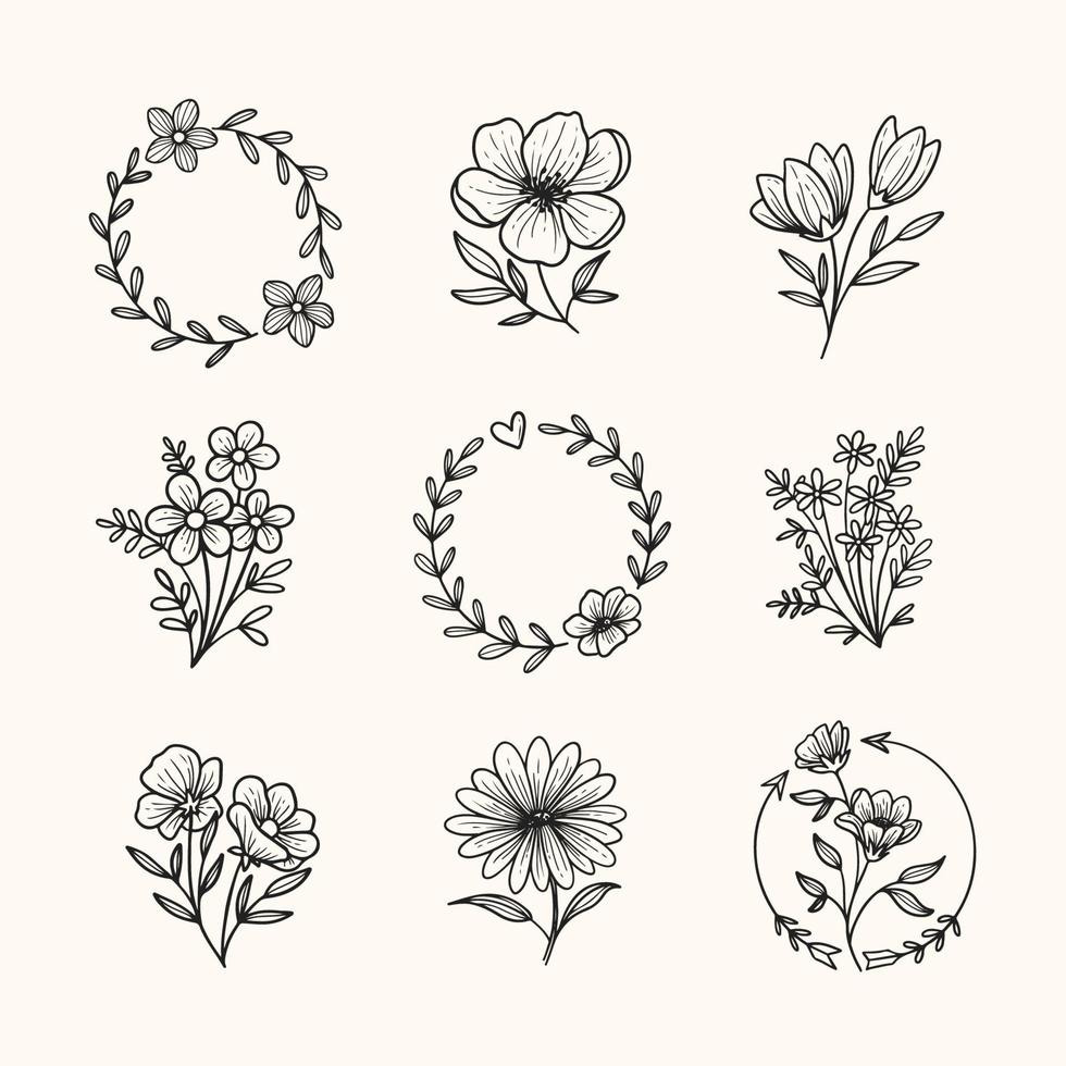 tatouage minimaliste floral dessiné à la main vecteur