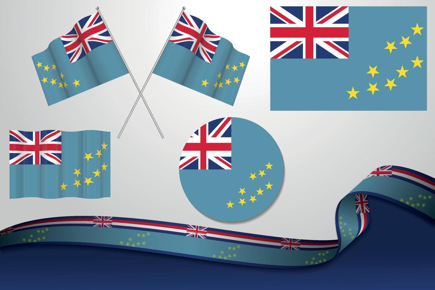ensemble de drapeaux tuvalu dans différents modèles, icône, drapeaux écorchés et ruban avec arrière-plan. vecteur