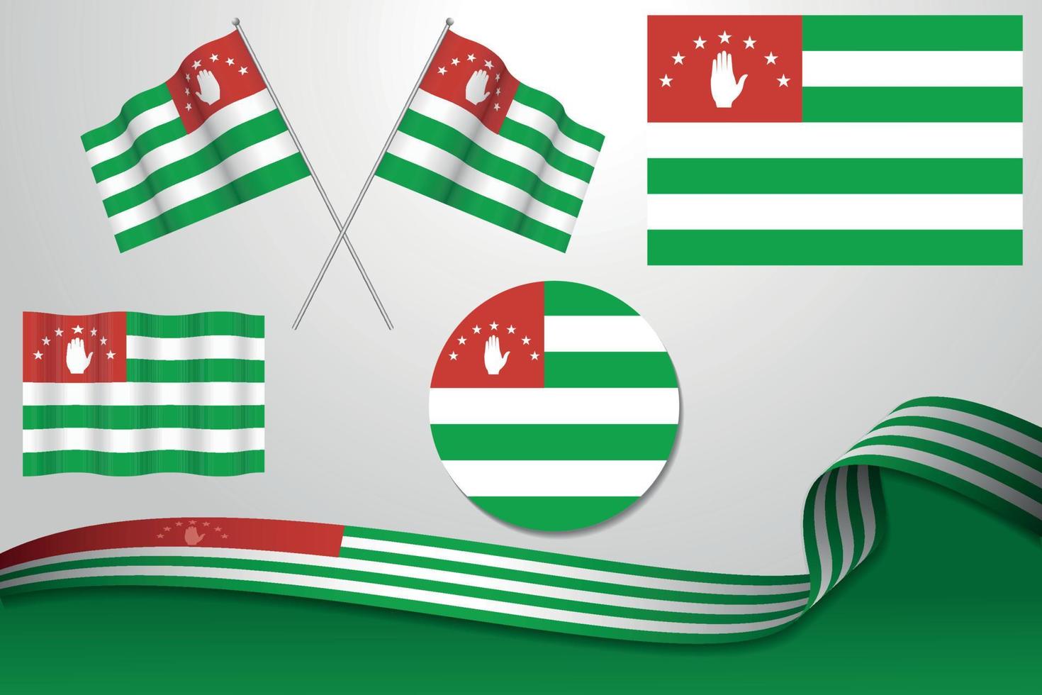 ensemble de drapeaux d'abkhazie dans différents modèles, icône, drapeaux écorchés et ruban avec arrière-plan. vecteur