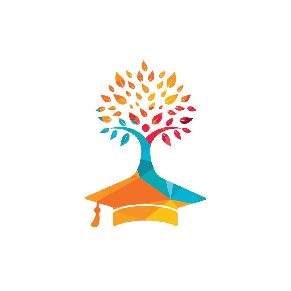 concept de logo d'assurance et de soutien à l'éducation. chapeau de graduation et logo d'icône d'arbre humain. vecteur