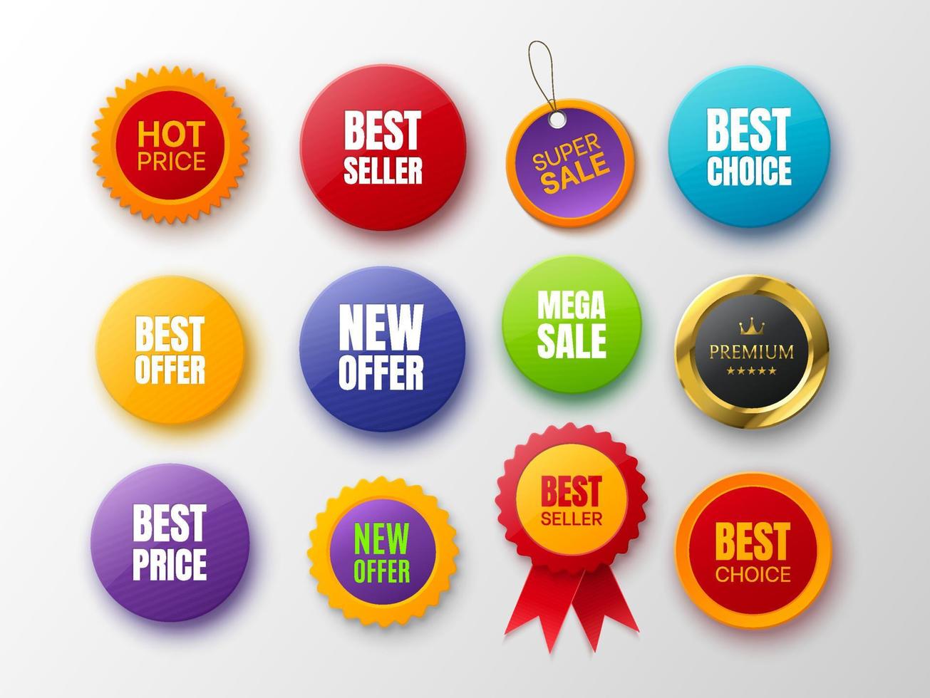 collection de badges promotionnels. badges de différentes couleurs et formes isolés sur blanc. nouvelle offre, meilleur choix, meilleur prix et étiquettes premium. vecteur