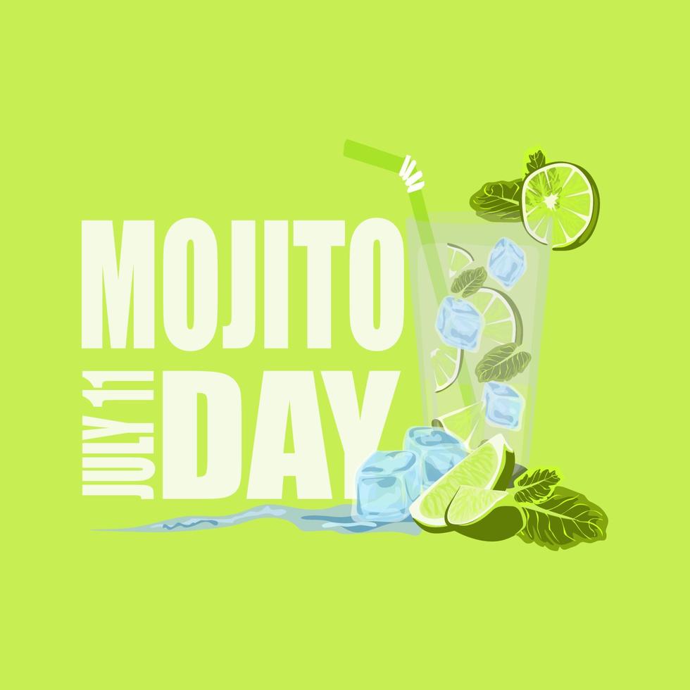 affiche de la journée nationale du mojito du 11 juillet. verre de mojito au citron vert, menthe, dessin vectoriel de glace.