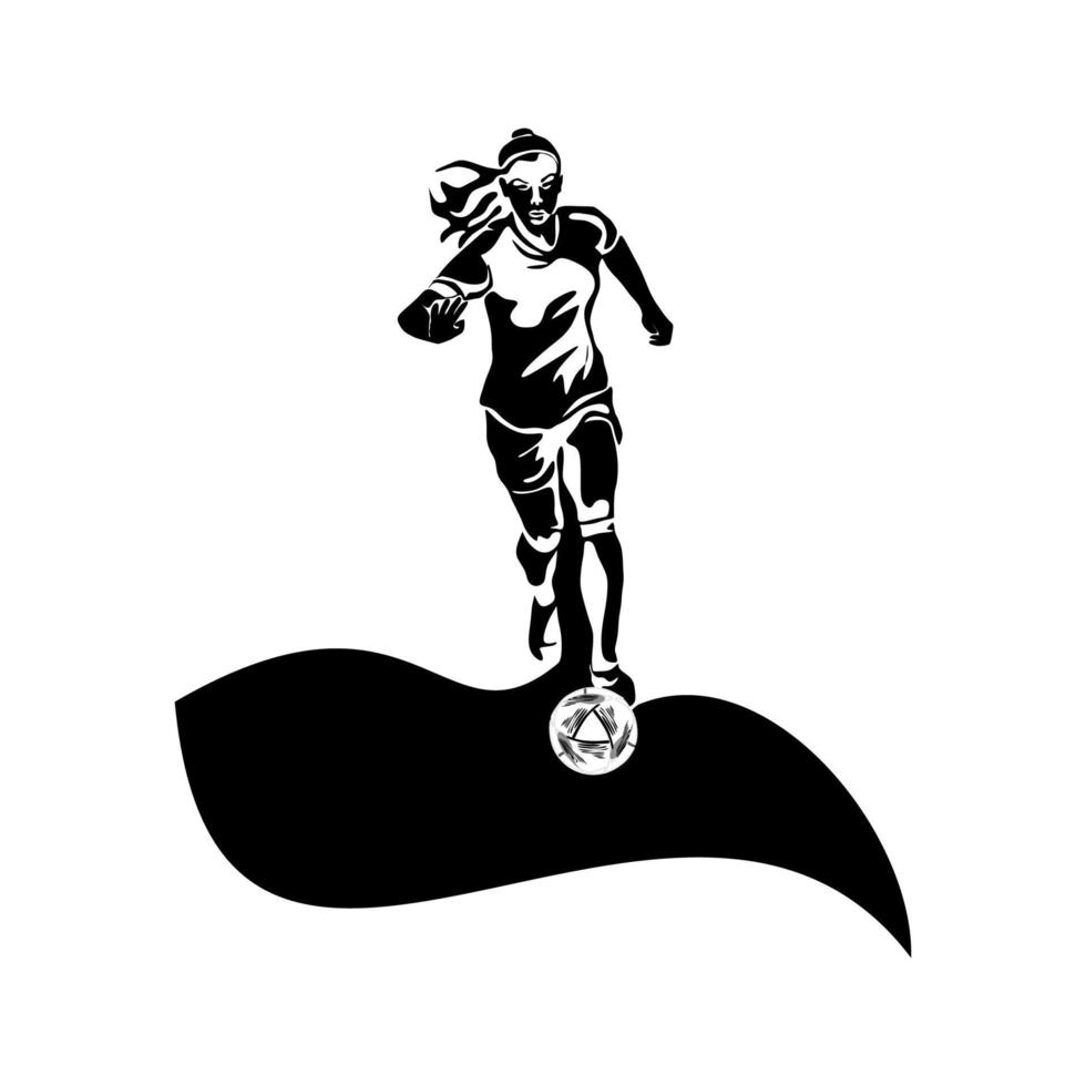 football féminin. une femme joue au football, frappe le ballon. silhouette vecteur