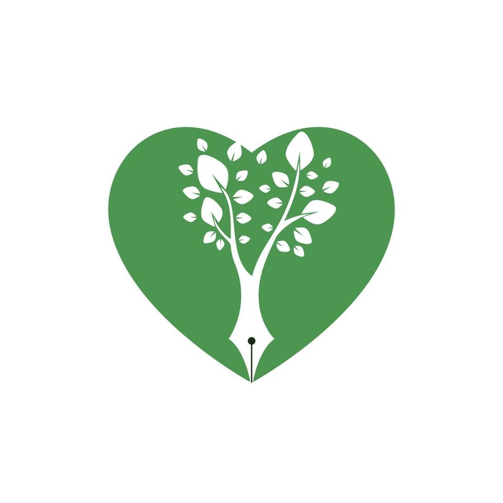 modèle de conception de logo vectoriel stylo arbre. concept de logo d'amour et de nature d'écrivain.