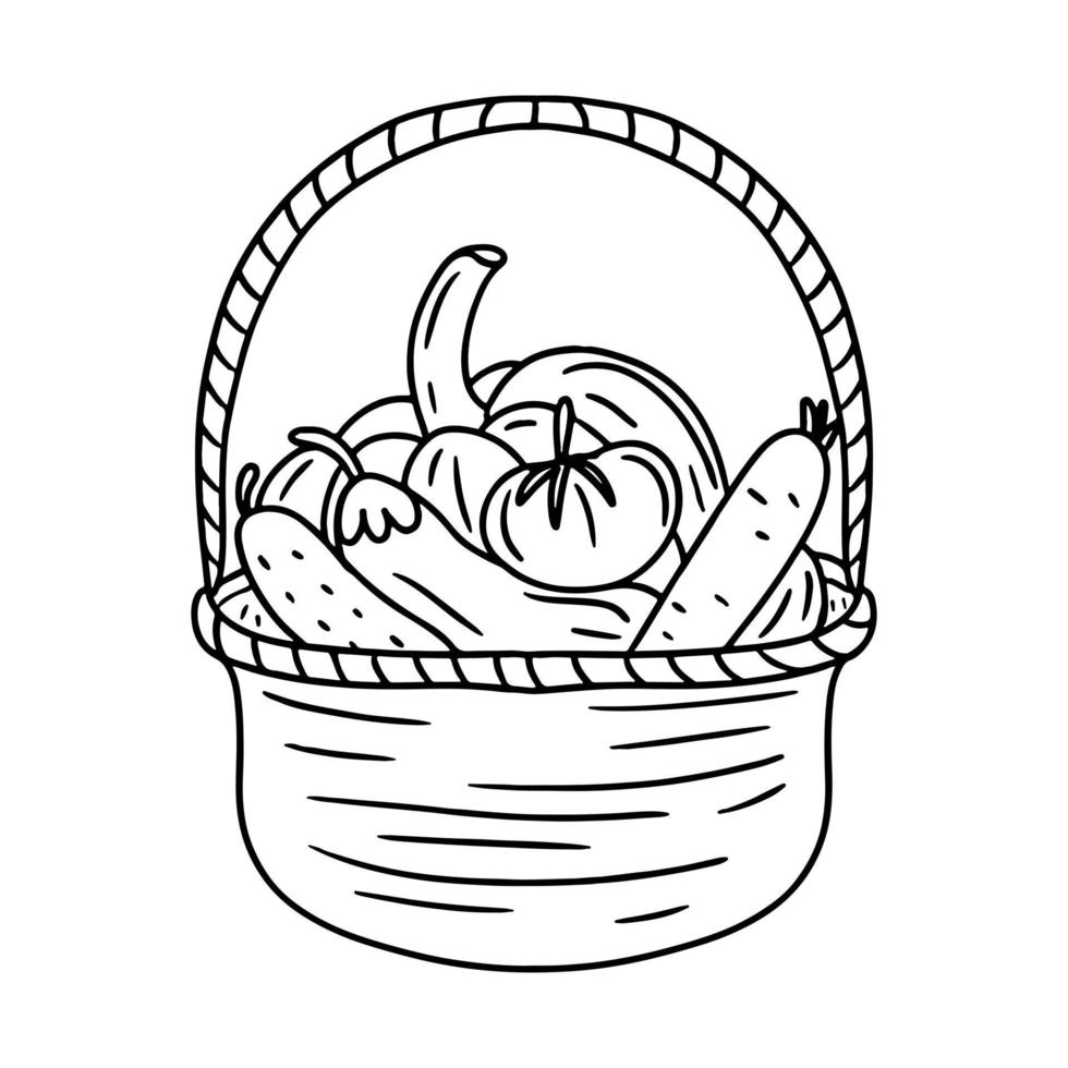 légumes mûrs dans un panier en osier. illustration vectorielle isolée sur fond blanc. récolte d'automne de légumes biologiques. dessiné à la main. style de griffonnage. vecteur