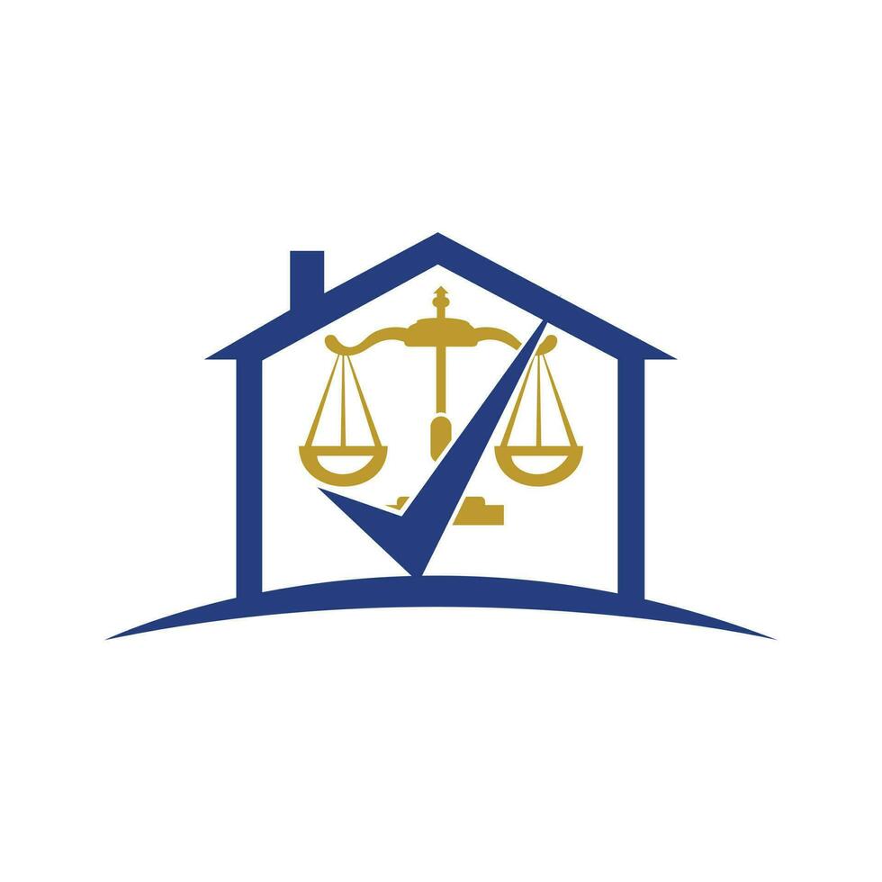 création de logo vectoriel de cabinet d'avocats. échelle de loi et signe de contrôle avec la conception de vecteur d'icône de maison.