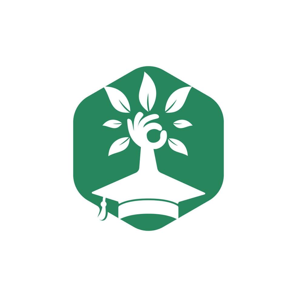 concept de logo d'assurance et de soutien à l'éducation. chapeau de graduation et logo d'icône d'arbre à main. vecteur