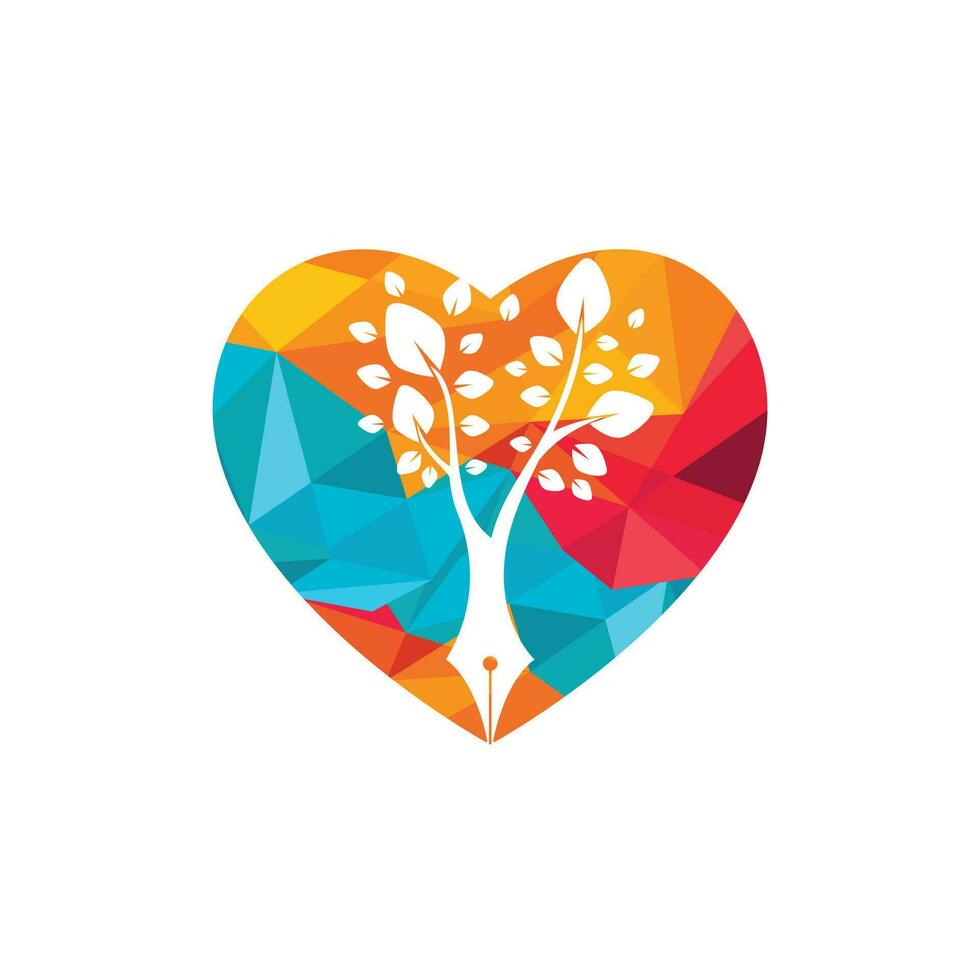 modèle de conception de logo vectoriel stylo arbre. concept de logo d'amour et de nature d'écrivain.