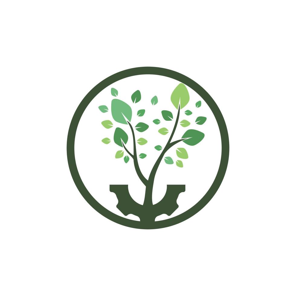 modèle de conception de logo vectoriel d'arbre à engrenages. logo de la technologie de la nature moderne. concept de logo vert eco tech et industrie.