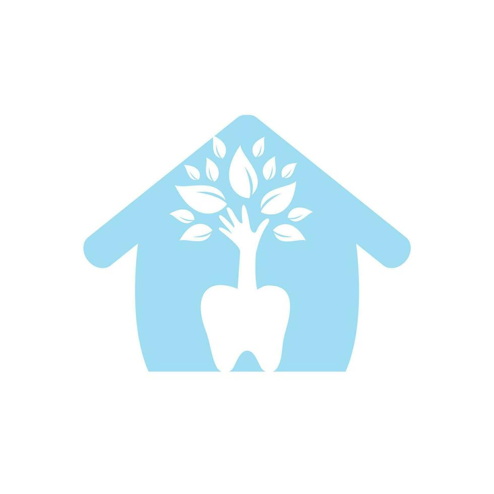 modèle de logo vectoriel de soins dentaires. dents et arbre à main avec design d'icône de maison.