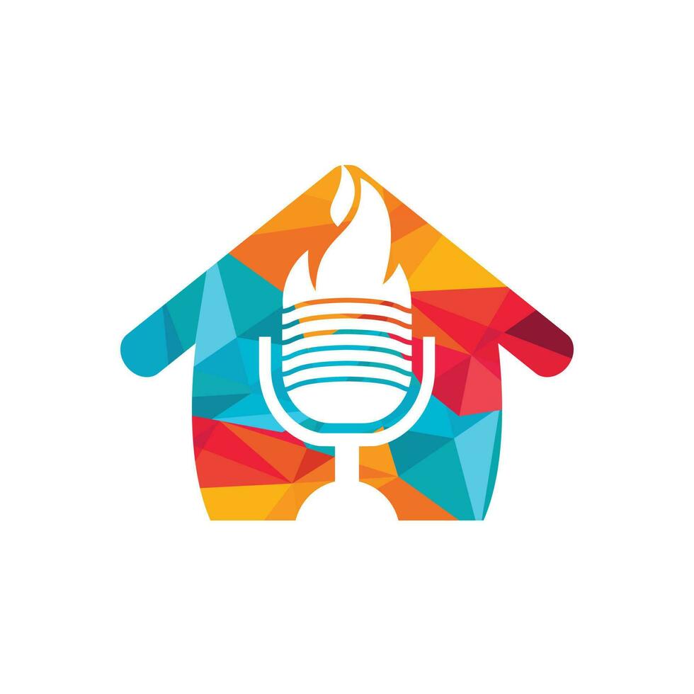 modèle de conception de logo de podcast de feu. concept de logo de maison de studio de podcast. vecteur