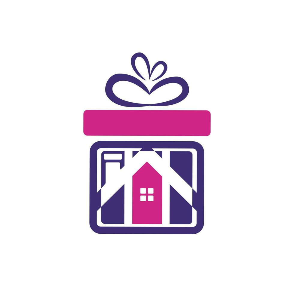 création de logo vectoriel maison cadeau. illustration du signe vectoriel du logo de la maison avec un symbole de ruban cadeau dessus.