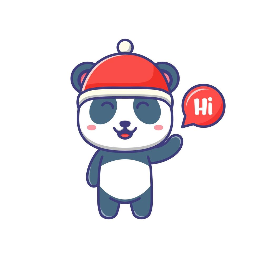 joli bébé panda portant un chapeau rouge et dites bonjour illustration de dessin animé isolé adapté à l'autocollant, à la bannière, à l'affiche, à l'emballage, à la couverture de livre pour enfants. vecteur