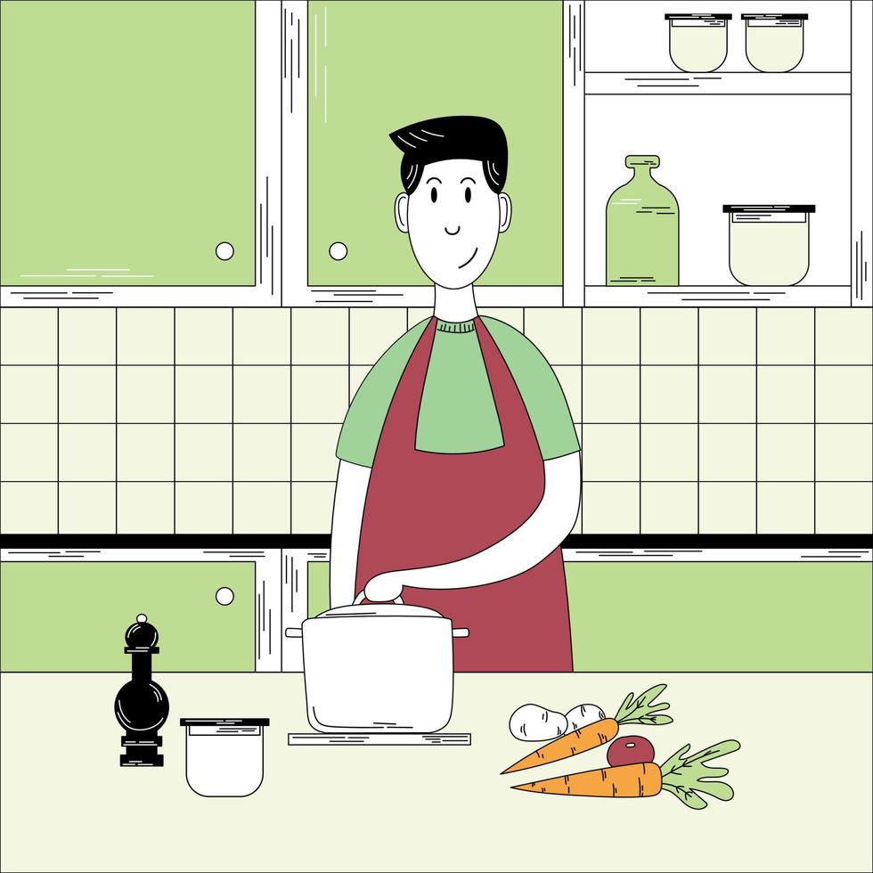 la fille cuisine dans la cuisine. intérieur de la cuisine. vecteur de dessin animé plat doodle. illustration vectorielle