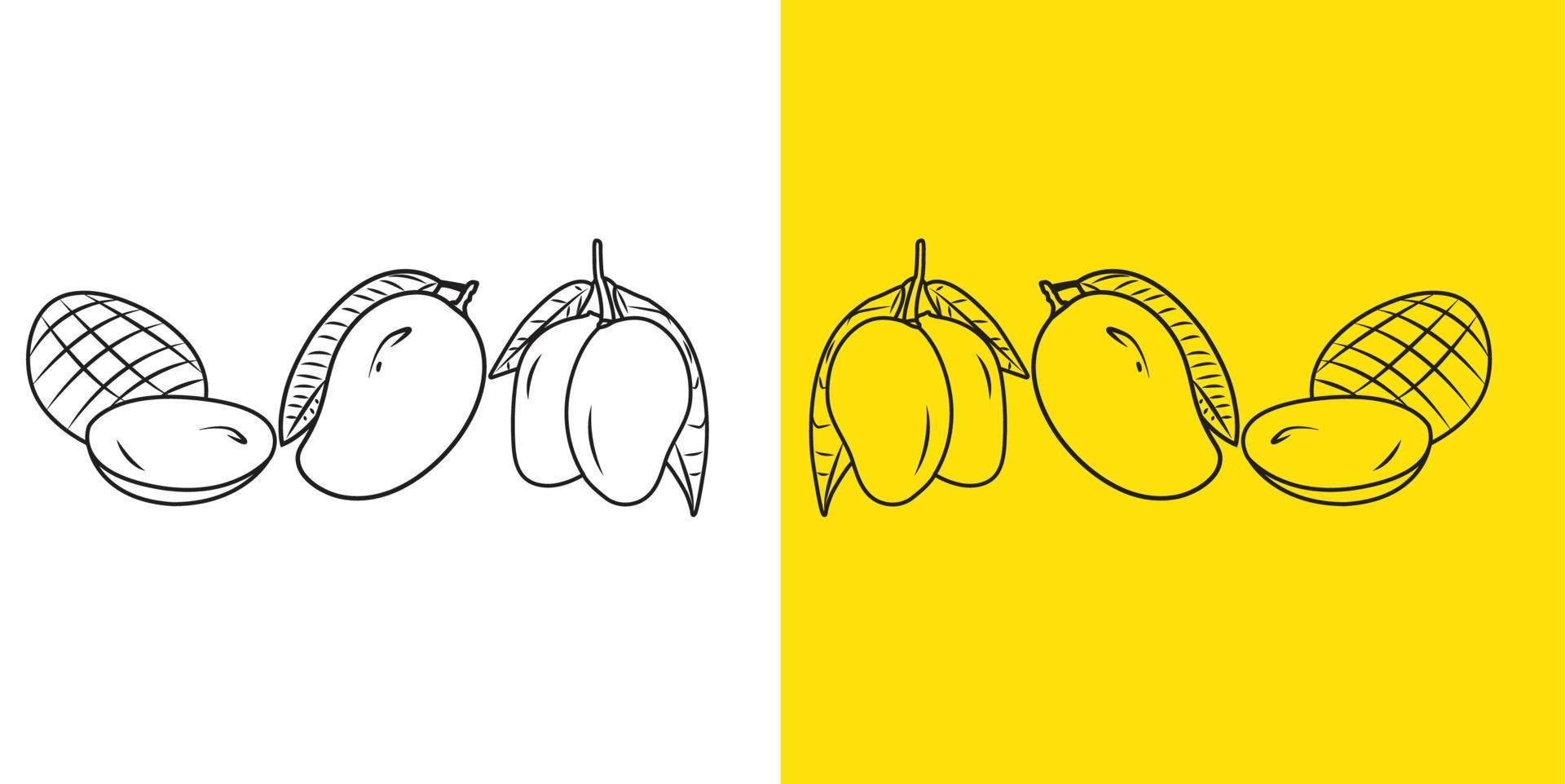 fond de doodle de mangue jaune. icône de doodle de fruits isolés exotiques. avec deux fond. vecteur