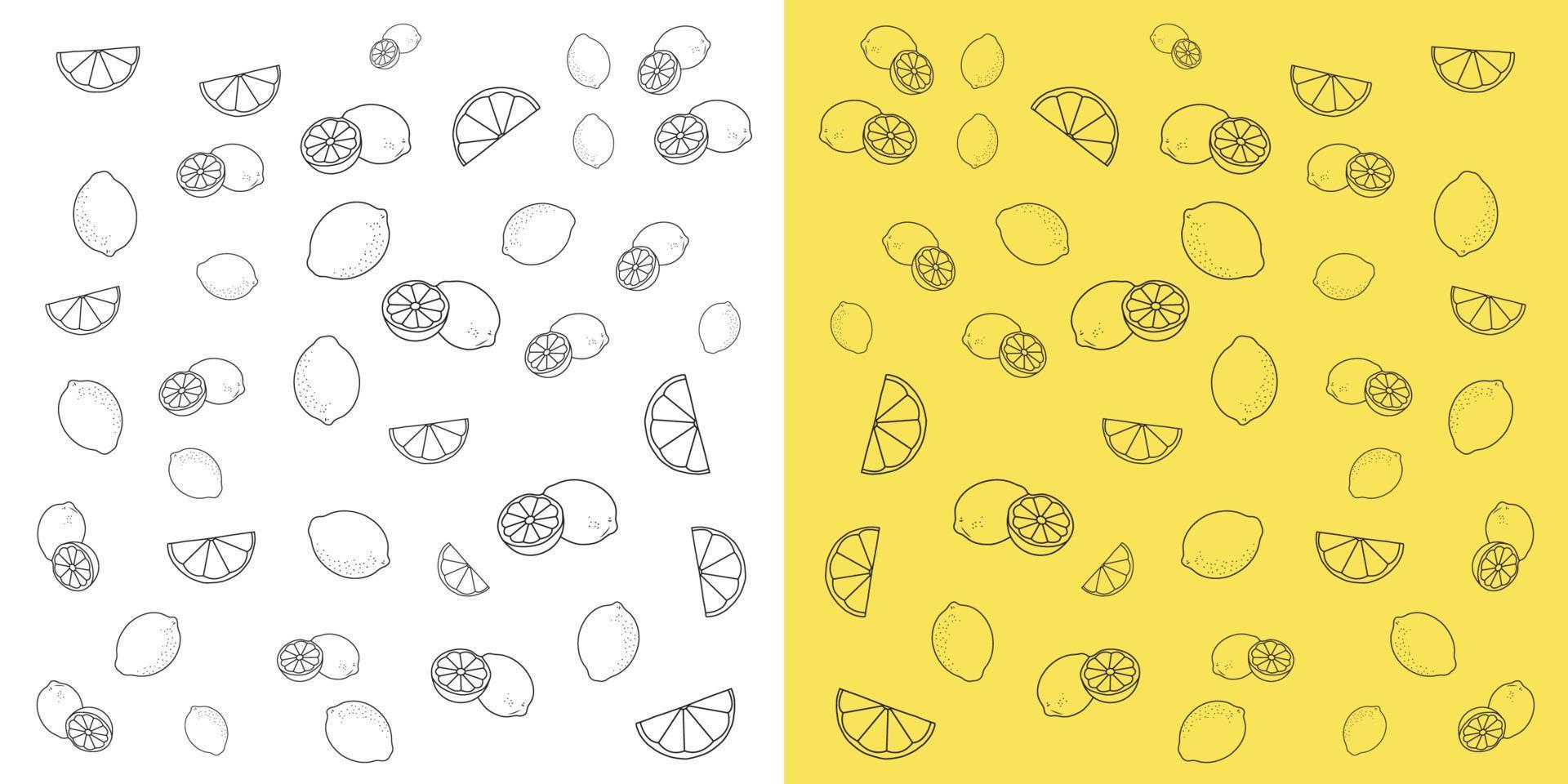 motif de doodle citron sur fond noir et jaune. arrière-plan doodle au citron pour l'emballage, les cartes de voeux, le web et les applications. vecteur