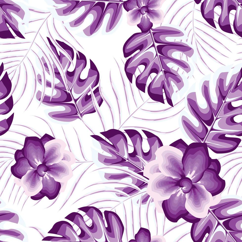 modèle sans couture tropical de fleurs de jasmin violet à la mode avec de belles feuilles de palmier monstra et illustration de feuillage végétal sur fond blanc. conception de vecteur d'été pour le tissu de chemise ou la texture